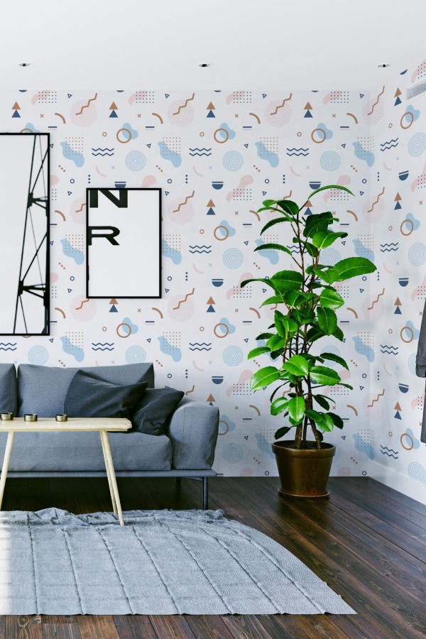 Modern scandinavian style living room decorated with Abstract geometric shapes peel and stick wallpaper