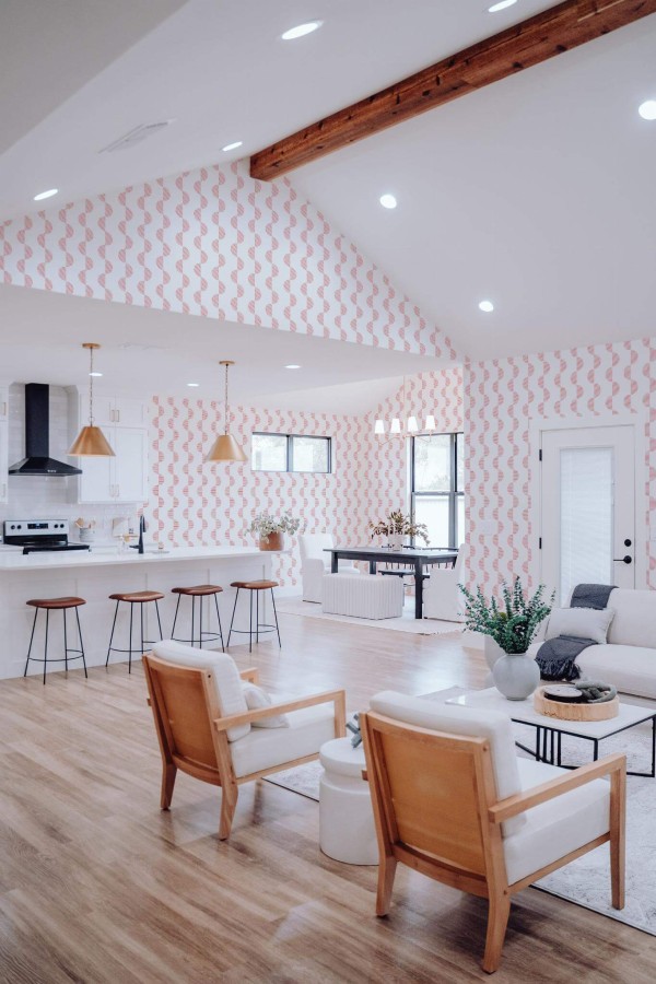 Contemporary style living room and kitchendecorated with Abstract geometric stripe peel and stick wallpaper