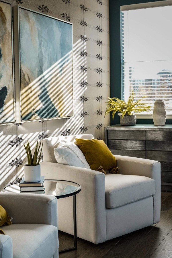 Shabby chic style living room decorated with Abstract gingham peel and stick wallpaper