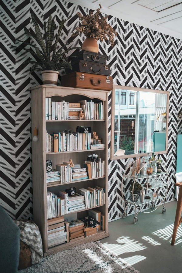 Farmhouse style living room decorated with Abstract herringbone peel and stick wallpaper