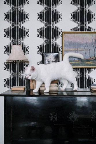 Industrial style music room decorated with Abstract ikat peel and stick wallpaper