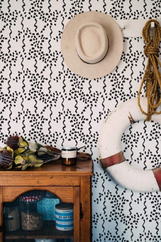 Coastal nautical style living room decorated with Abstract lines and spots peel and stick wallpaper