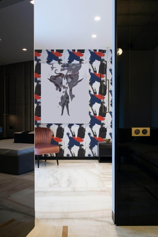 Art deco style bedroom decorated with Abstract paint stroke peel and stick wallpaper