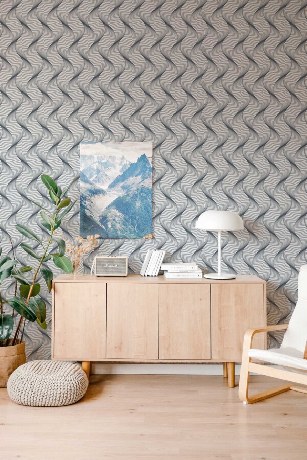 Fancy Walls peel and stick wallpaper with wavy blue and white geometric design