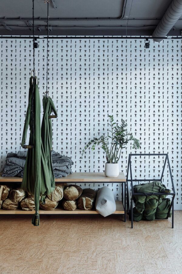 Fancy Walls traditional wallpaper with black and white gym illustration