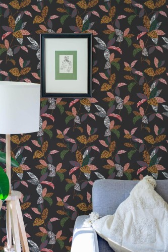 Eastern European style living room decorated with Animal print leaf peel and stick wallpaper