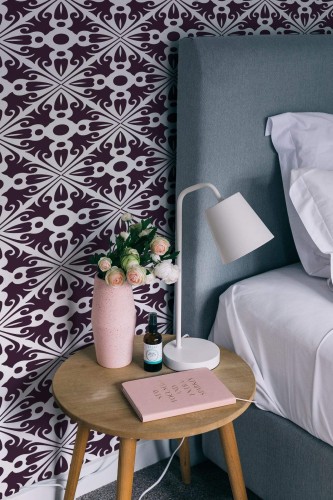 Rustic style bedroom decorated with Arabesque peel and stick wallpaper