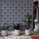 Scandinavian style living room decorated with Art deco damask peel and stick wallpaper