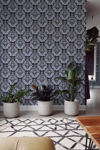 Scandinavian style living room decorated with Art deco damask peel and stick wallpaper