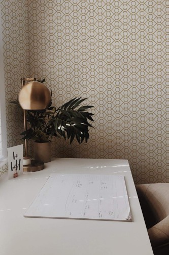 Rustic style home office decorated with Art deco eye peel and stick wallpaper