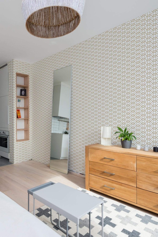 Scandinavian style small apartment decorated with Art deco eye peel and stick wallpaper