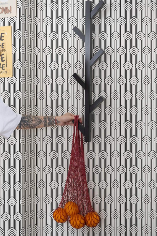 Scandinavian style kitchen decorated with Art deco geometric arch peel and stick wallpaper