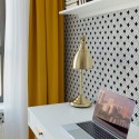 Scandinavian style home office decorated with Art deco rhombus peel and stick wallpaper