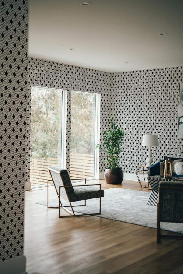 Modern style living room decorated with Art deco rhombus peel and stick wallpaper