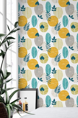 Minimal style home office decorated with Autumn leaves peel and stick wallpaper