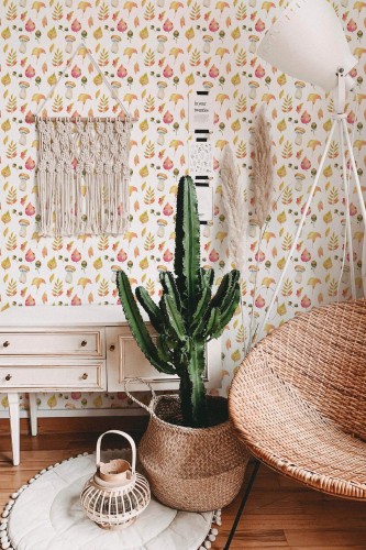 Bohemian style living room decorated with Autumn peel and stick wallpaper
