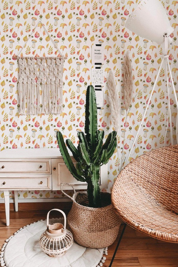 Bohemian style living room decorated with Autumn peel and stick wallpaper