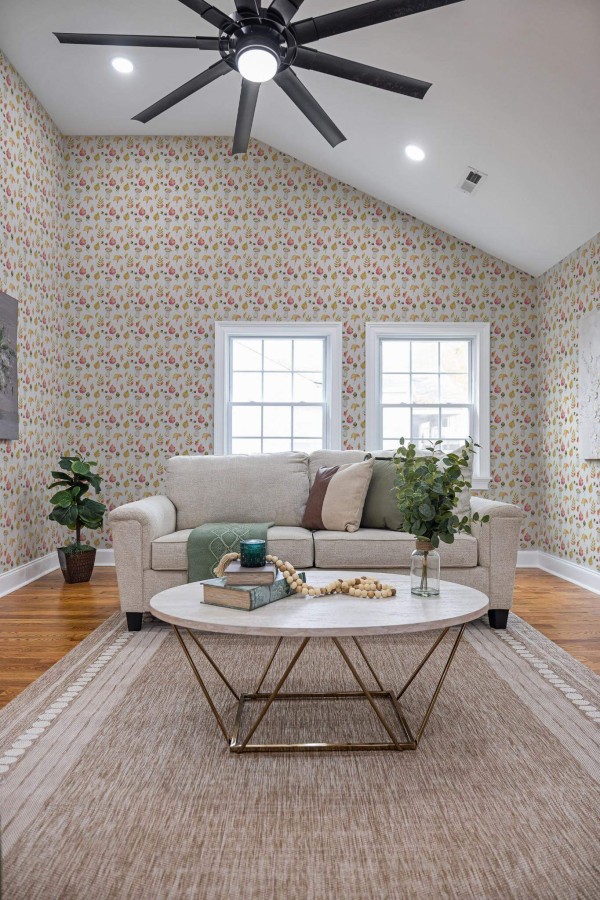 Scandinavian style living room decorated with Autumn peel and stick wallpaper