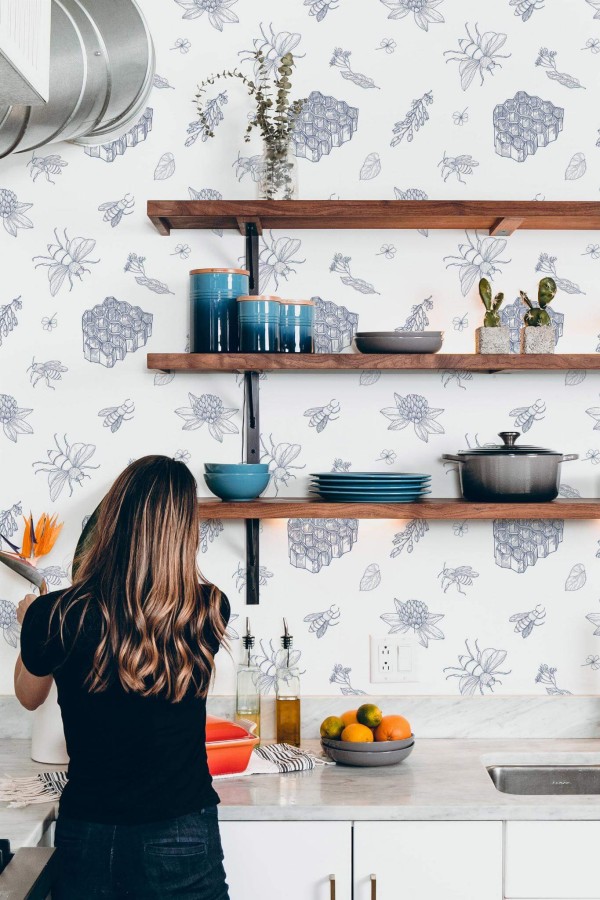 Modern Rustic style kitchen decorated with Bee and honey peel and stick wallpaper