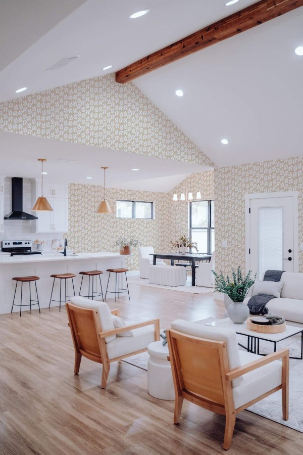 Contemporary style living room and kitchendecorated with Beige and white leaf peel and stick wallpaper
