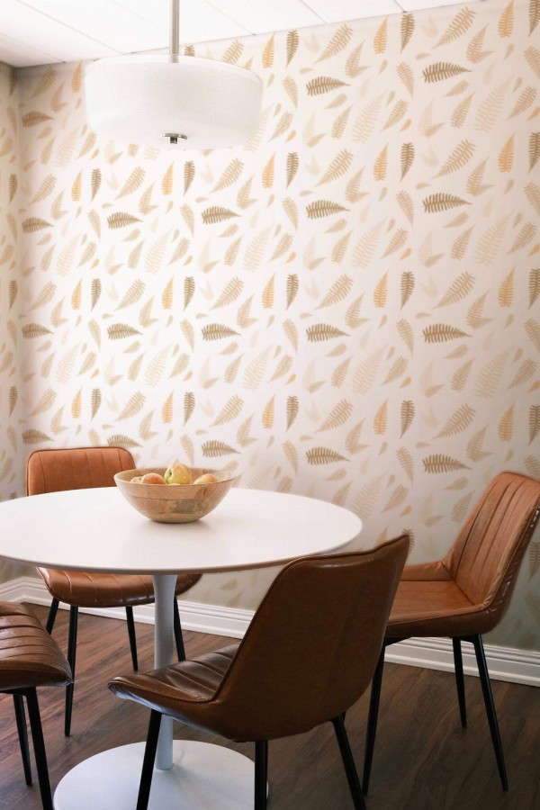 Mid-century modern style dining room decorated with Beige fern leaf peel and stick wallpaper