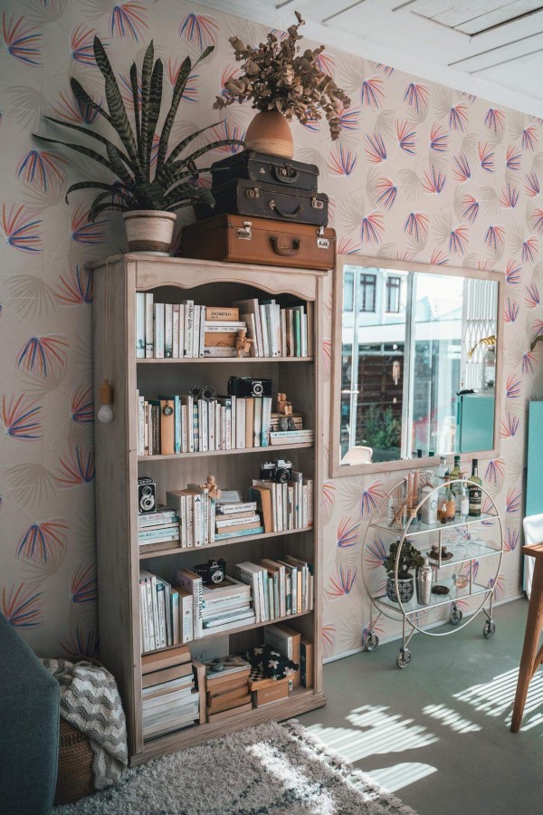 Farmhouse style living room decorated with Beige floral with accent peel and stick wallpaper