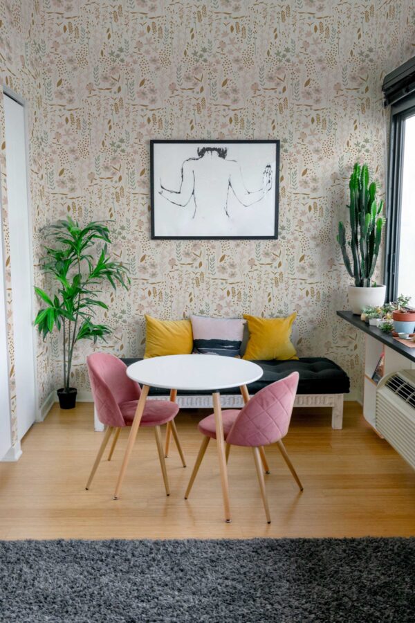 Fancy Walls self-adhesive wallpaper featuring cozy beige hygge blossoms