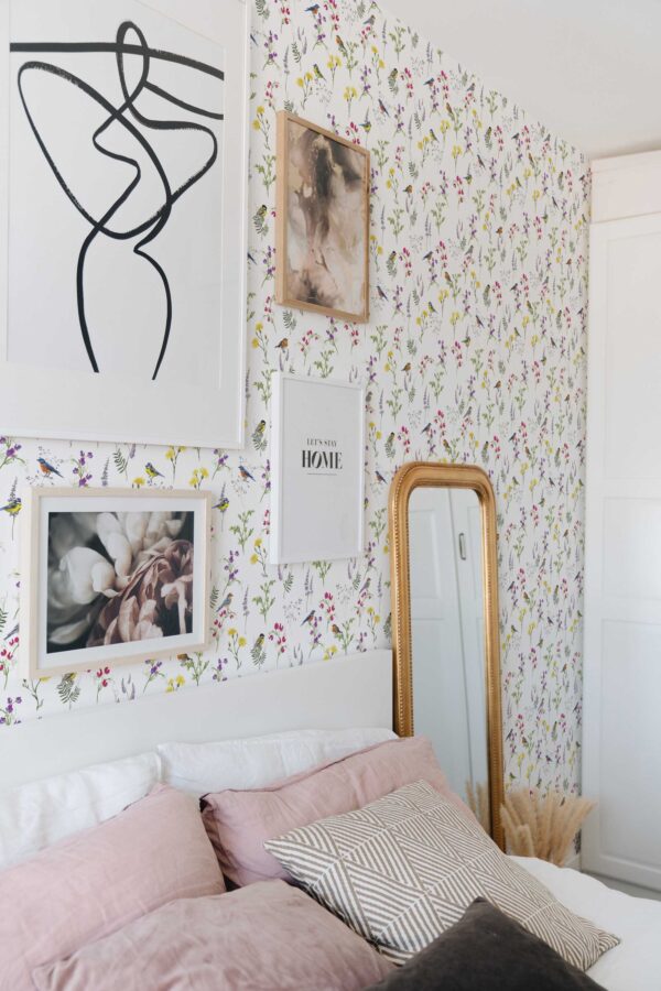 Serene bird and wildflower self-adhesive wallpaper by Fancy Walls