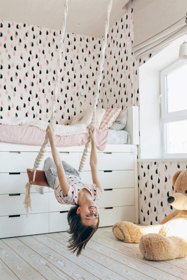 Minimal scandinavian style kids room decorated with Black and pink Brush stroke peel and stick wallpaper