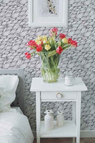 Farmhouse style bedroom decorated with Black and white braid pattern peel and stick wallpaper