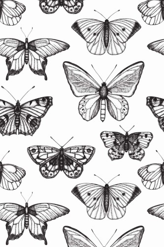 Pattern repeat of Black and white butterfly removable wallpaper design
