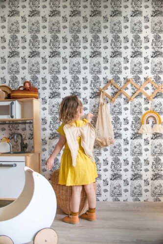 Black and white wallpaper for walls with fun Wonderland pattern by Fancy Walls