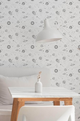 Minimal style dining room decorated with Black and white celestial peel and stick wallpaper