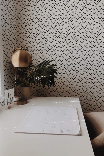 Rustic style home office decorated with Black and white check marks peel and stick wallpaper