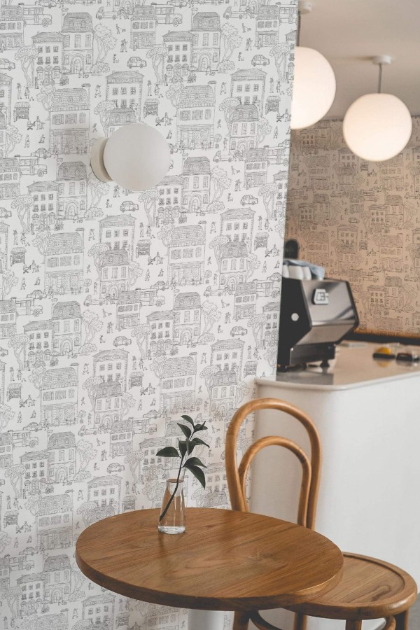 Minimal style bedroom decorated with Black and white city peel and stick wallpaper