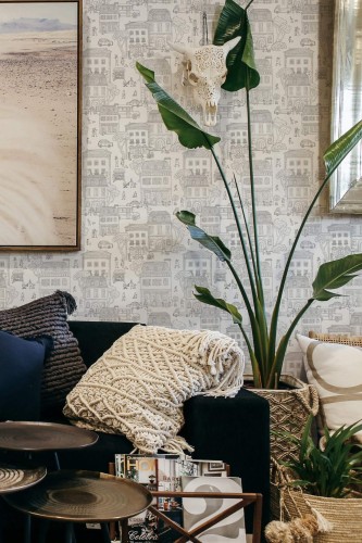 Scandinavian style living room decorated with Black and white city peel and stick wallpaper