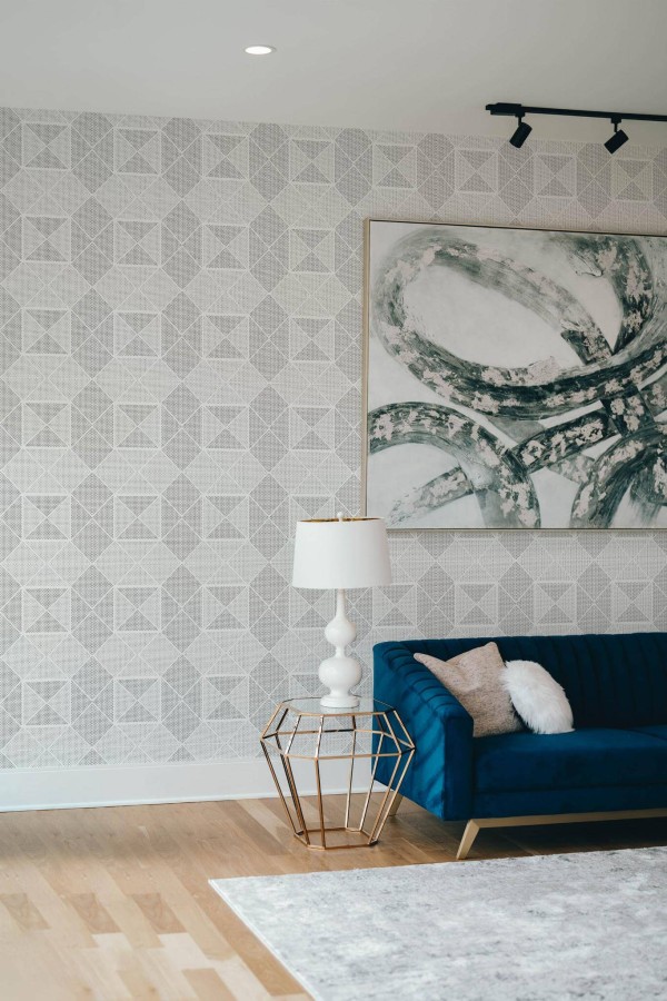 Modern style living room decorated with Black and white geometric peel and stick wallpaper