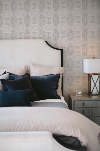 Shabby chic style bedroom decorated with Black and white geometric peel and stick wallpaper