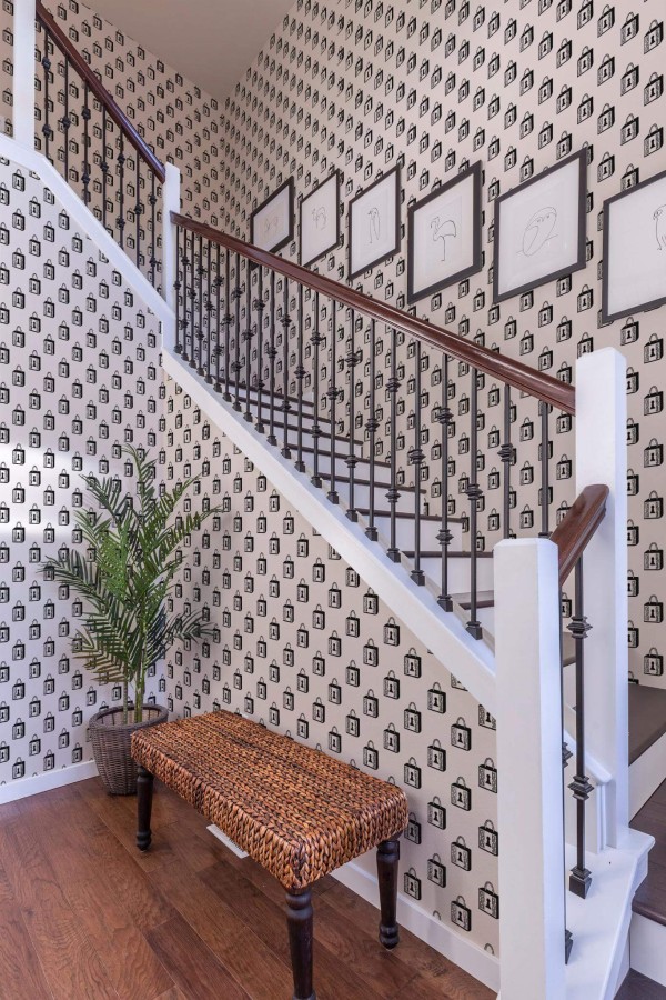 Rustic style entryway decorated with Black and white lock peel and stick wallpaper
