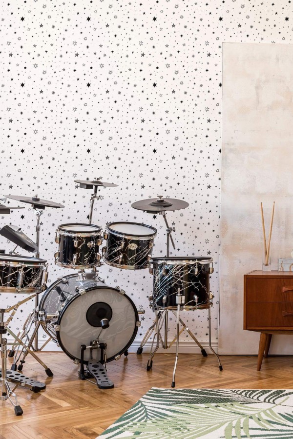 Mid-century style music room decorated with Black and white stars peel and stick wallpaper