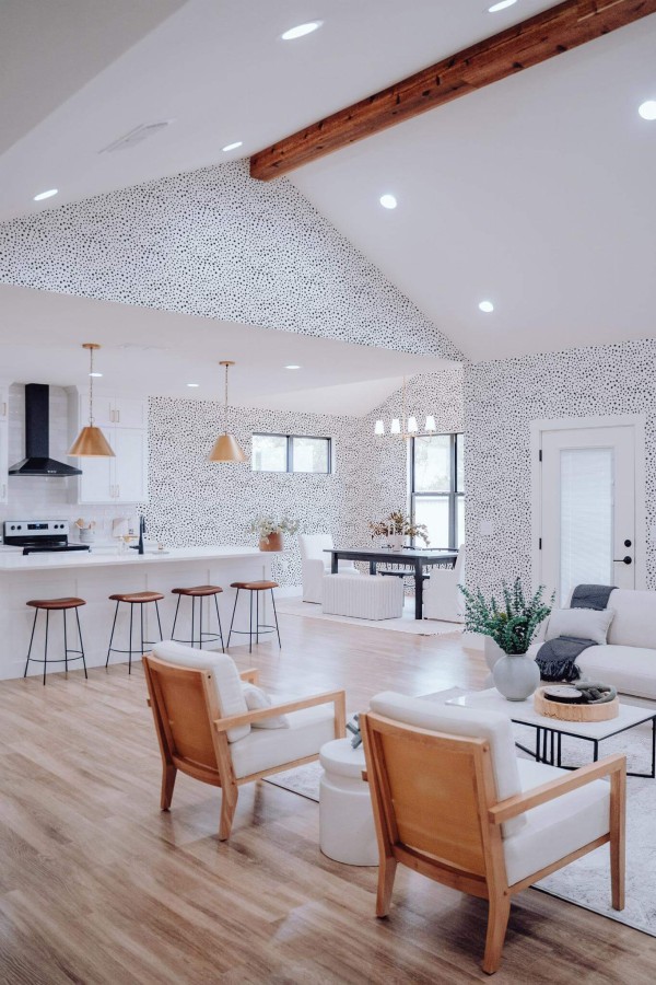 Contemporary style living room and kitchendecorated with Black peel and stick wallpaper