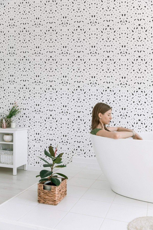 Minimal style bathroom decorated with Black terrazzo peel and stick wallpaper