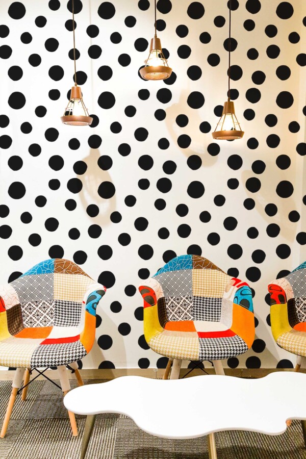 Fancy Walls peel and stick wallpaper with big black dots on white background