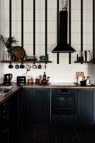 Fancy Walls self-adhesive wallpaper featuring minimalistic plaid grid in black and white