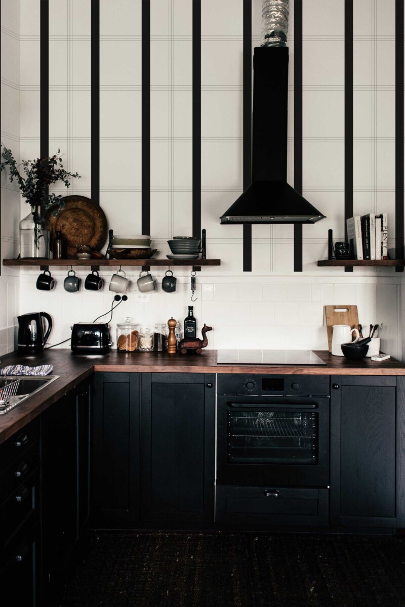 Fancy Walls self-adhesive wallpaper featuring minimalistic plaid grid in black and white