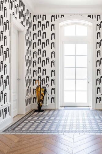 Fancy Walls traditional wallpaper with expressive Scandi black brush details. Norsic Marks peel and stick or non-pasted abstract wallpaper