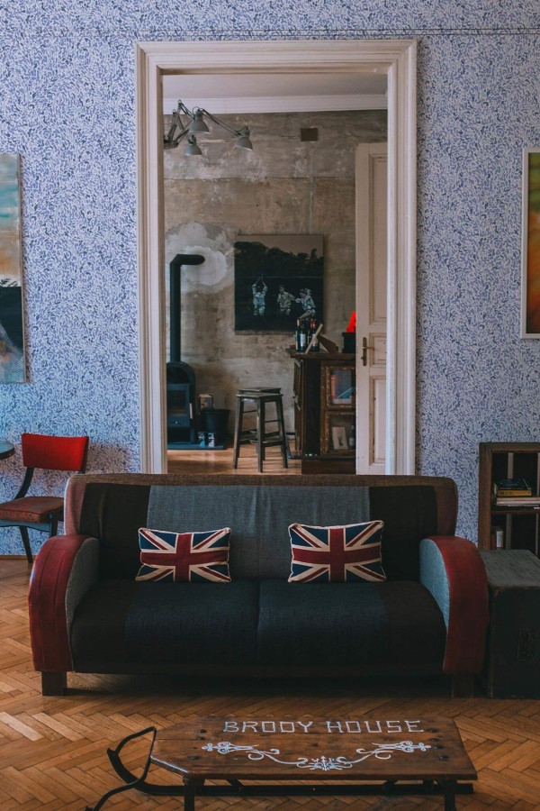 Industrial rustic style living dining room decorated with Blue abstract peel and stick wallpaper