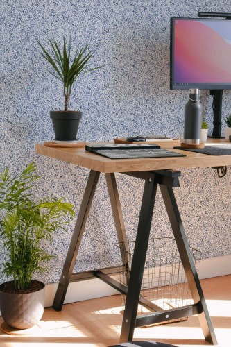 Scandinavian style home office decorated with Blue abstract peel and stick wallpaper