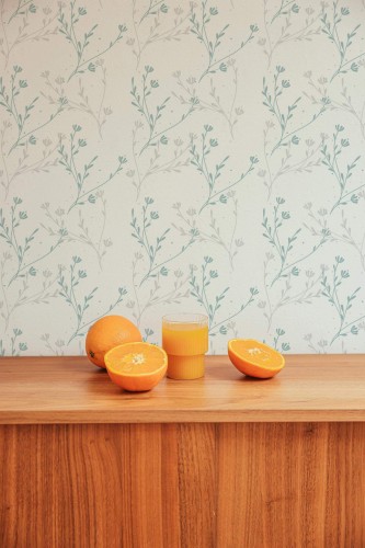 Mid-century style living room decorated with Blue and gray wildflower peel and stick wallpaper