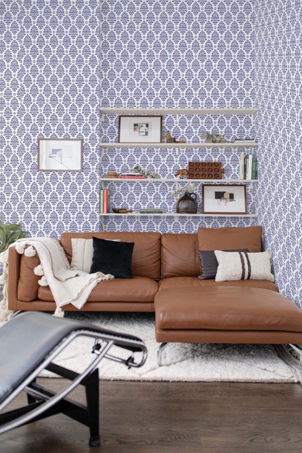 Mid-century modern style dining room decorated with Blue and white damask peel and stick wallpaper